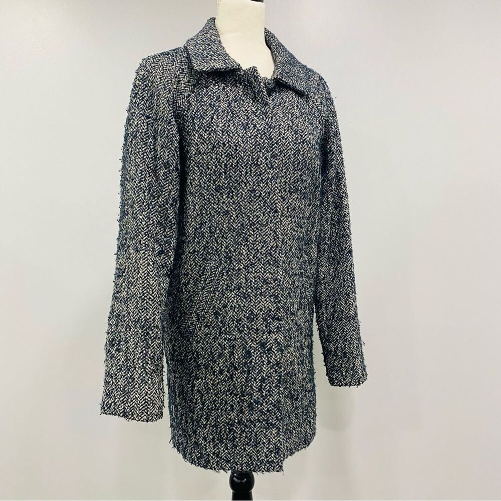 JACK WILLS 2 Womens Navy Blue Fuzzy Wool Tweed Herringbone Pea Coat Academia